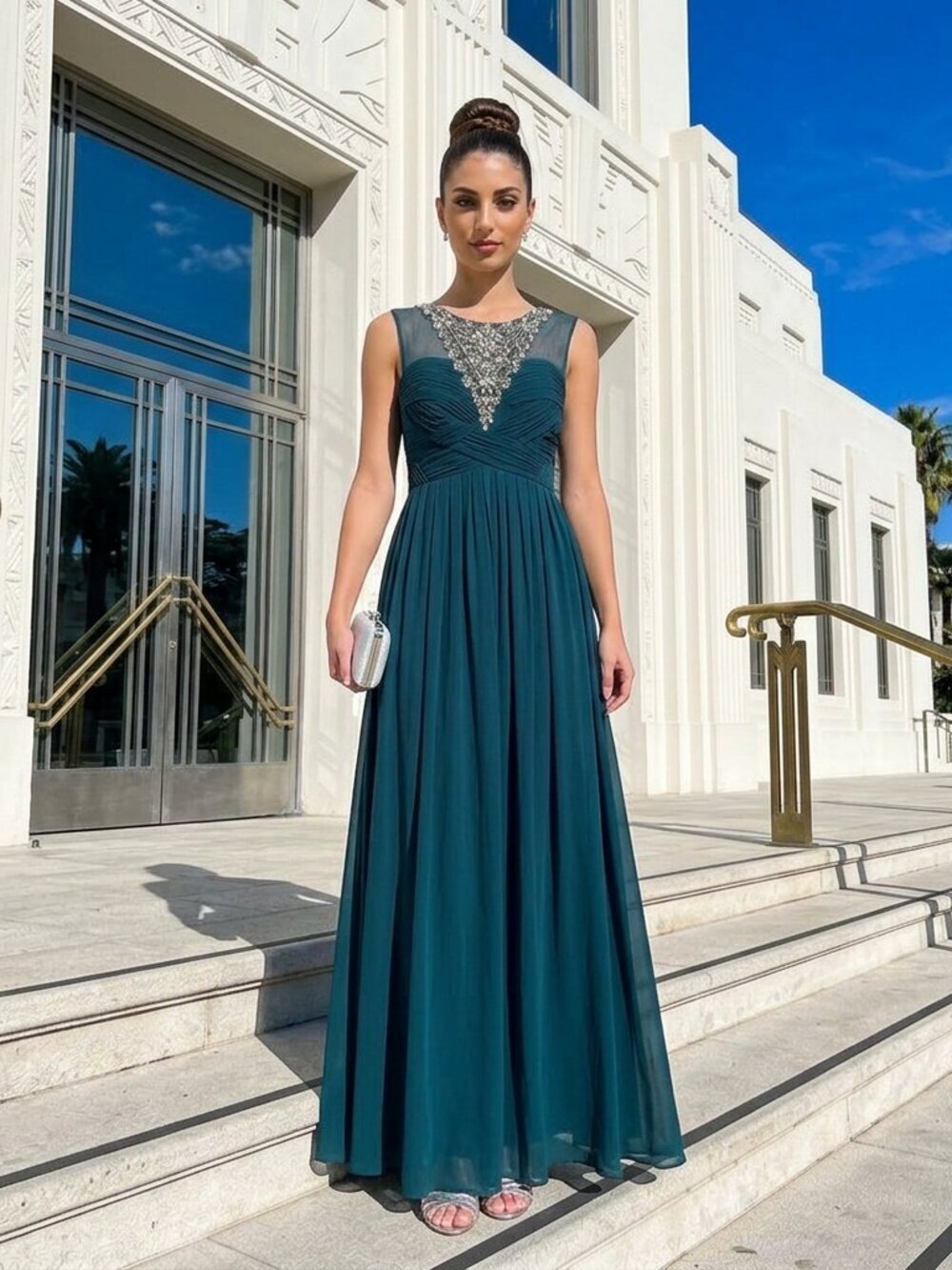 Decode 1.8 Teal Ruched Chiffon Evening Gown with Embellished Illusion Neckline